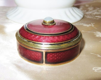 Antique Guilloche Enamel Brass Box- Mirrored Pill Box-Trinket Box-Snuff Box-Germany Brass Box-Bezel Set Moonstone-Burgundy Enamel Case Box