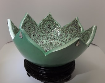 Green decoupage lotus bowl