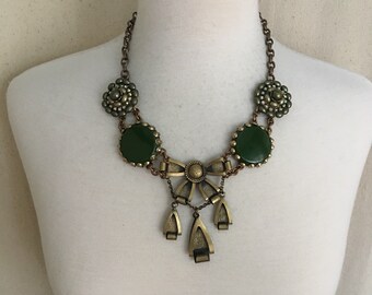 Bohemian Necklace, Bow necklace, statement jewelry, green necklace, Boho necklace, shabby chic jewelry, upcycled vintage jewelry,