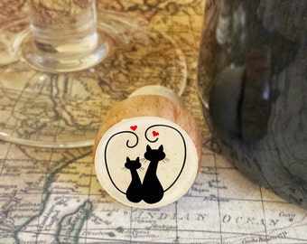 CAT Wine Stopper, Handmade Silhouette Cats Wood Cork, Cat Lover Bottle Stopper, Kitten and Hearts Wood Cork Stopper, Holiday Gift, Style 1