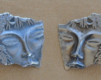 Pretty Vintage Asian Woman Pierced Earrings, Silver tone (T13)