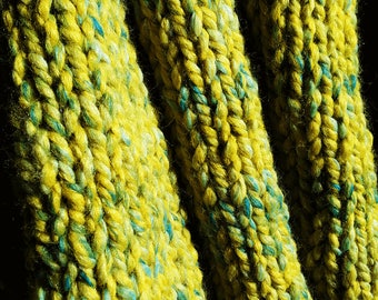 Hand knitted super chunky woodland green woolly scarf