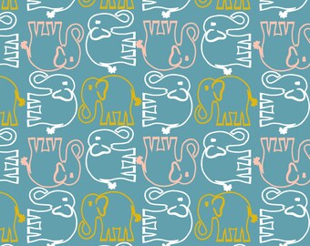 By The HALF YARD - Bridgette Lane by Valori Wells for Free Spirit, #PWVW062-HNY Blueberry Honey Ellie, Outlined Up & Down Elephants on Blue