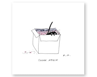 Sneak Attack- Cat Print- Ink Drawing- Funny Cat Art