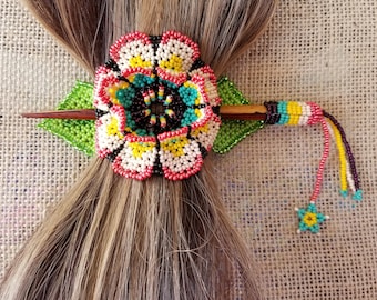 Hair Flower pony tail holder & stick Beaded