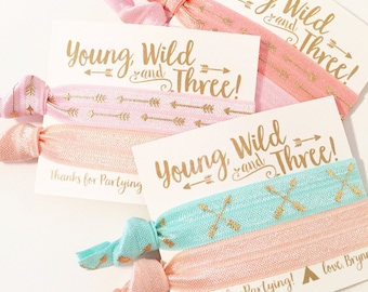 Young Wild & Three Birthday Party Hair Tie Favors | Boho Birthday Party Hair Tie Favors, Bohemian Feather Arrow Aztec Tribal Print Hair Ties