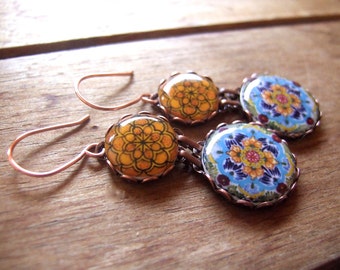 Ethnic earrings, Mexican Folk art jewelry, drop earrings, statement earrings, Talavera pottery pattern, Mexican jewelry, ethnic jewelry