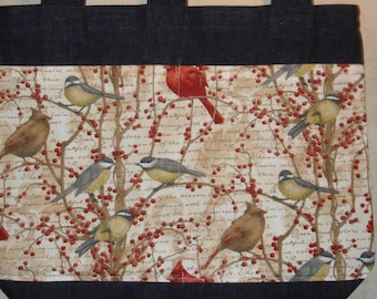 New Handmade Denim Walker Tote Bag Fall Autumn Harvest Cardinal Chickadee Bird Theme