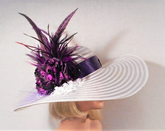 Wide Brim Purple Hat -White and Purple Hat - Kentucky Derby Hat, Garden Party Hat or Victorian Tea Party