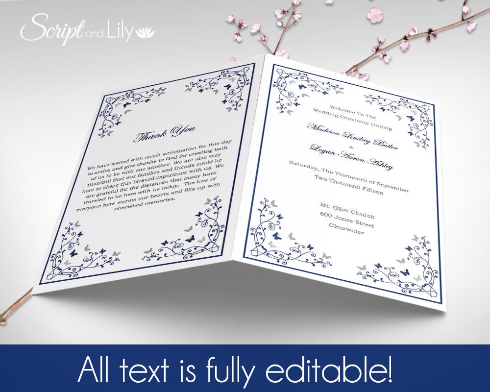 Butterfly Wedding Program Folded and DoubleSided INSTANT