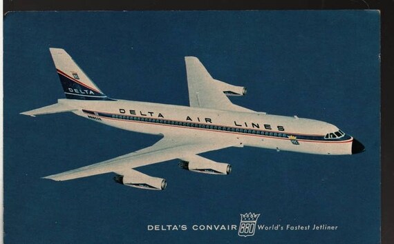 Delta's Convair 880 World's Fastest Jetliner + Vintage Airplane Photo Postcard