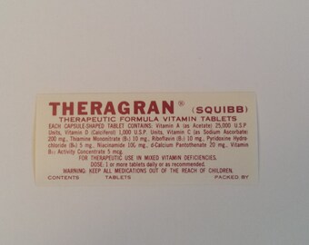 Antique Pharmacy Label, Theragran Apothecary Label, Theragran Squibb Vitamin Label, Vintage Pharmacy Label for Bottles