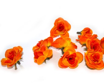 12 Tiny Fiery Orange Silk Roses - Artificial Flower Heads, Silk Roses PRE-ORDER