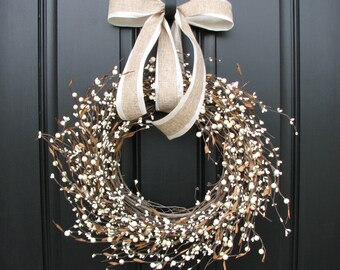 Shabby Chic Wreath - Cream Berry Wreath - Summer Wreath - Year Round Door Decor
