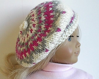 18 Inch Doll Clothes Knit Fair Isle Tam Beret Hat in Cream Rose and Grey Handmade to fit the American Girl and 18 Inch Dolls - Ready to Ship