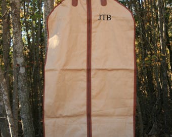 Monogrammed Mens Custom Garment Bag Tan Canvas Personalized Suit Bag