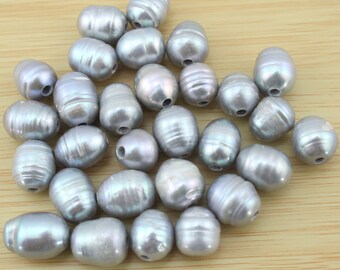 2.5 mm hole pearl beads large hole freshwater pearl, 10-11mm Rice Pearl Beads Silver Pearl Beads 10 pcs-PH001