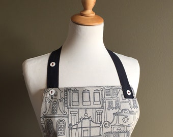 taupe full kitchen apron - city architectural drawing print apron - gift for her - black and brown apron - gift for him - housewarming gift