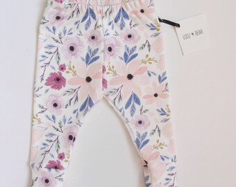 Ready to ship Organic baby leggings in watercolour floral print, baby leggings, baby girl leggings, organic leggings, girl leggings