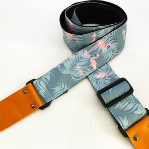 NuovoDesign unique Flamingo Guitar strap. leather parts with free end pin and tie string