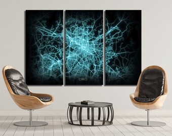 DURHAM Map 3 Canvas Panel Durham North Carolina Night Lights Modul Map Oversized Horizontal Wall Art Map Modern Art Neon City Map NCM