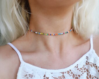 Rainbow Luster Beaded Choker Necklace