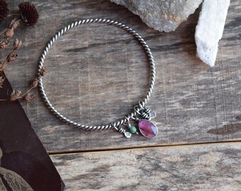 Natural Rose Cut Tourmaline Bangle Bracelet, Metalwork Bracelet, Silver Charm Bracelet, Gypsy Bracelet, Pink Tourmaline Bracelet
