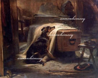 Dog Mourns Master "The Old Sheperd's Chief Mourner" Restored Antique Art, FROM 1882 Restored Dog Art, Sad Art Print #284