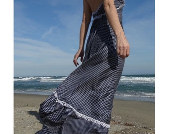 1970s 60s bohemian Backless Maxi Dress // Polka dots long dress // size large