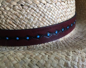 Hat Band Leather Hat Band Cowboy Hat Band Mahogany Brown or Distressed Java and turquoise - Love That Leather