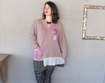 Sale sweater tunic upcycled clothing pink mini dress X Large 1 X recycled top Lagenlook Bohemian reclaimed fun clothes LillieNoraDryGoods