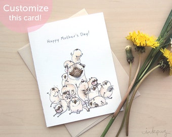 Family Mountain Mother's Day Card - Funny Mothers Day card, cute Mothers Day gift, Pug Mom card, funny cards with puppies by Inkpug