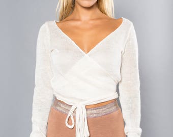 White Nettle Wrap around Sweater, Cache-coeur, Scaldacuore in Ortica, Dancer Sweater, Organic Ballerina Sweater, Made in Italy