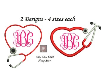 Nurse Embroidery Design - 2 designs instant download - 4 sizes each 4x4, 5x7, 6x10 Heart Stethoscope Embroidery Design