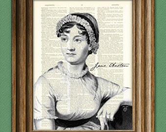 Jane Austen Print Cool writer illustration upcycled dictionary page book art print