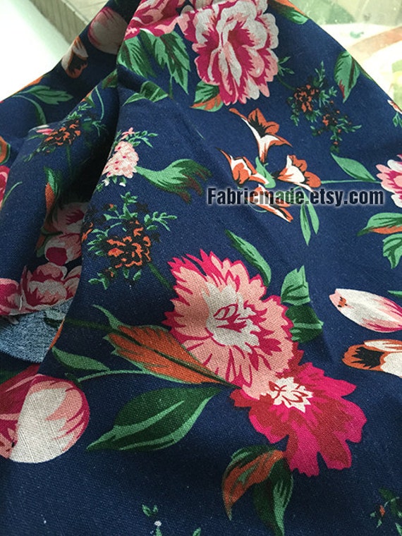 Large Cabbage Rose Floral Fabric Rosy Flower on Navy Blue