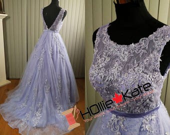 Lavender wedding dress, sheer wedding dress - beaded lace, sheer bodice
