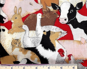 AF255 - DOWN on the FARM Fabric - Pigs Cows Chickens Cats Dogs Ducks Rabbits Sheep Goats Horse - Novelty - Quilt Shop Quality 100% Cotton