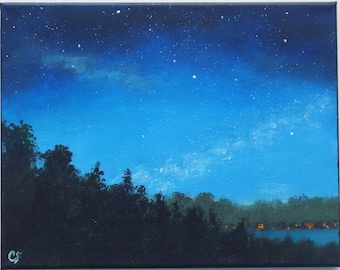 Night sky painting with stars, and milky way, lake with camps, 11x14 night landscape painting