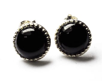Beautiful Sterling Silver Black Onyx Stud Post Pierced Earrings 10mm Round