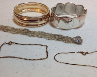 Five Vintage Gold and Silver Bracelets, Bangle Bracelets, Chain Bracelets, and 1 Hand Beaded Bracelet Previously 15 Dollars ON SALE