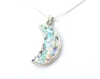 Moon necklace hammered silver pendant with roman glass