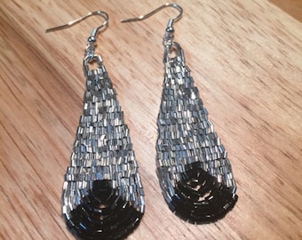 bugle beaded earrings in silver and black and in gold and black 10.00 each