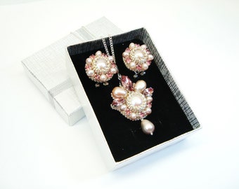 Pink pearl jewelry set beaded swarovski silver earrings swarovski pendant rose pearls