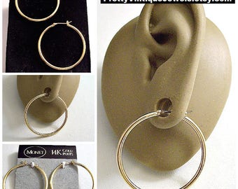 Monet 14K Gold Post 1 3/8" Hoops Pierced Stud Earrings Vintage Extra Large 35mm Round Smooth Polished Tube Round Dangle Rings