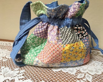 Quilted Drawstring Bag Knitting Bag 1930's Reproduction fabric-One of a Kind Made in USA