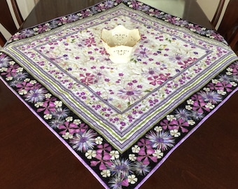 Handmade Quilted Lilac Floral Table Topper, Spring Quilted Table Topper, Summer Quilted Table Topper, Handmade Quilted Tablecloth,