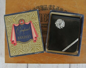 Beautiful Art Deco Handley Black Enamel Powder Compact with Flower & Marcasite