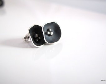 Stud earrings, flower silver studs ,oxidized, flower, black - Black flower