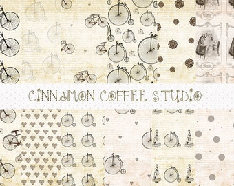 Bike Digital Papers, Vintage Bicycle Backgrounds, Retro Bike Patterns, High Wheel, Bicycle, Vintage Backgrounds - set of 12